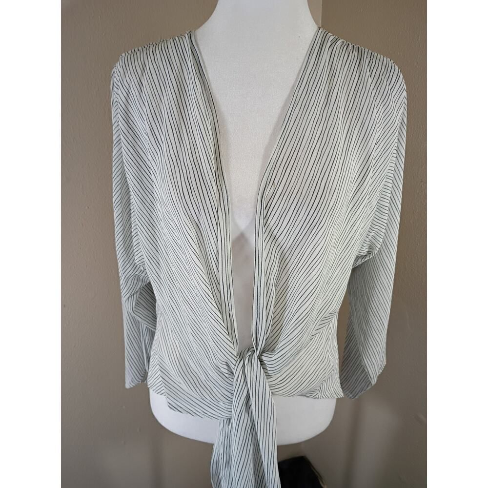 Dress Forum Wrap Cardigan Sheer White Black Stripe Sz M Classic Boho Beach